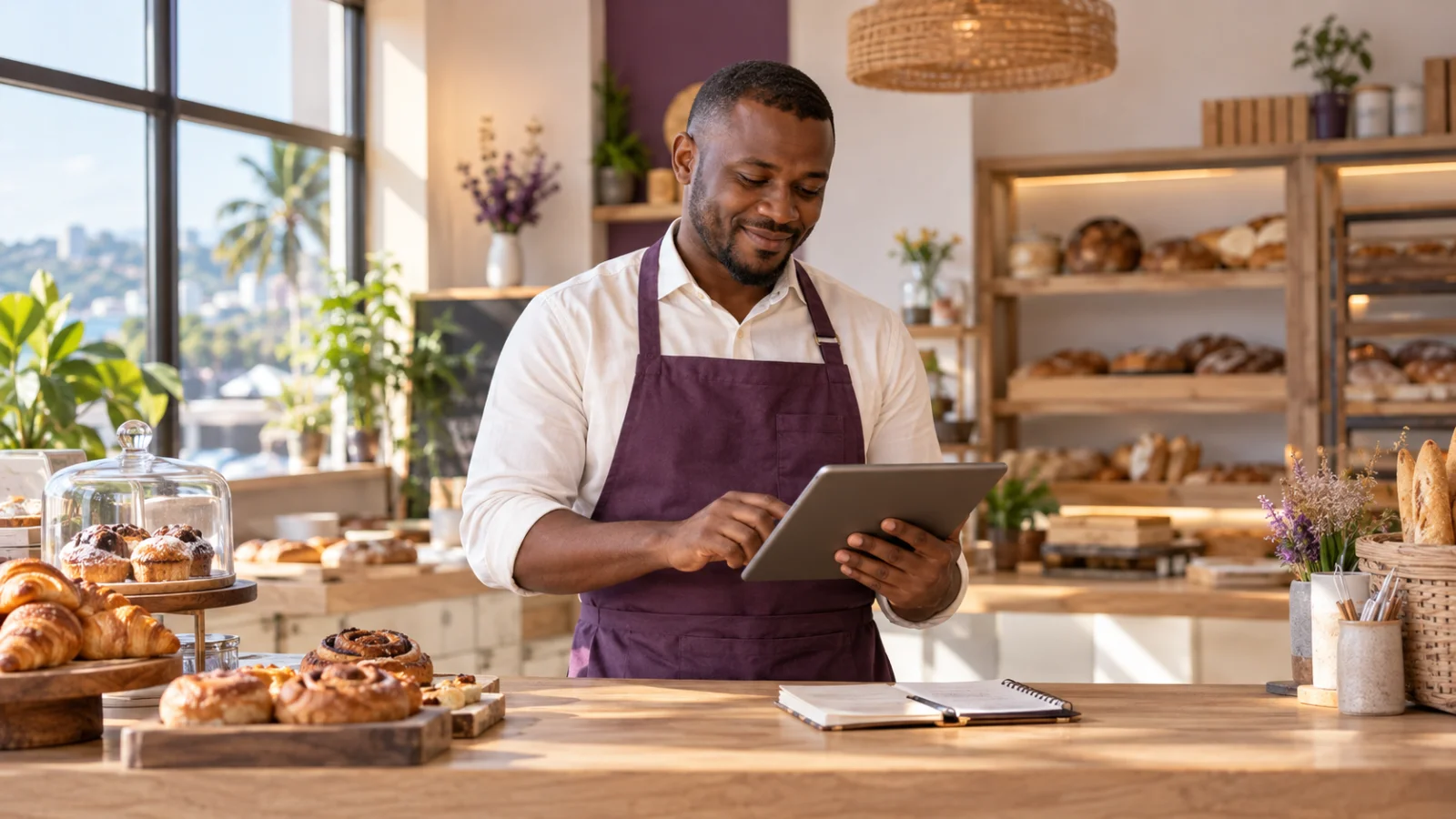 Illustration d’un boulanger utilisant une tablette pour organiser son commerce.