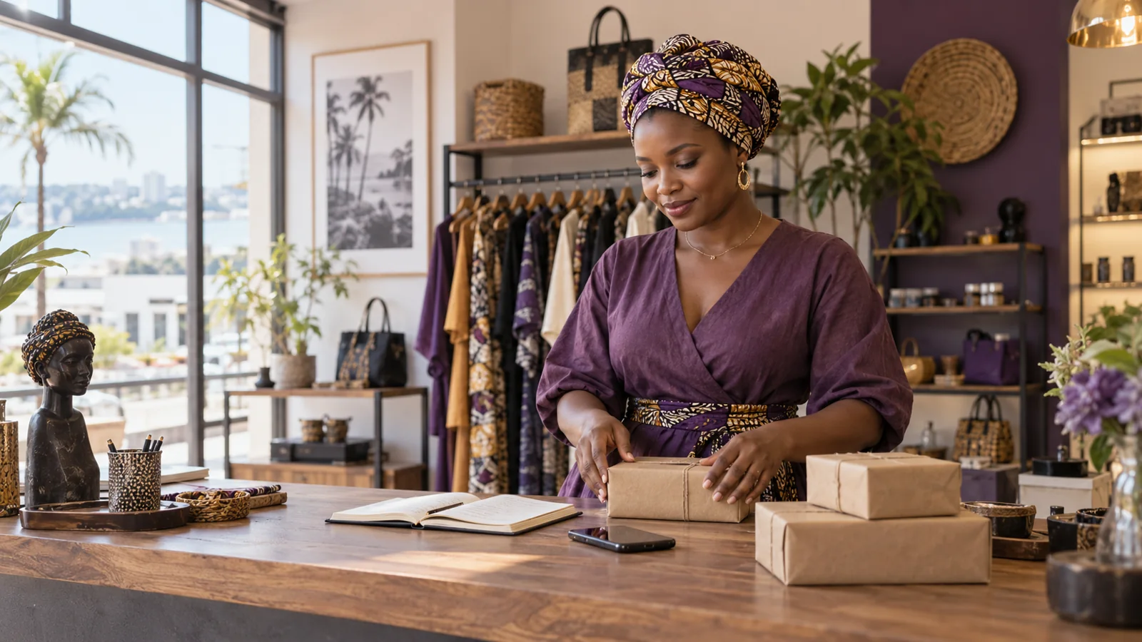 Illustration d’une entrepreneure organisant des commandes dans sa boutique, avec un carnet et un téléphone.